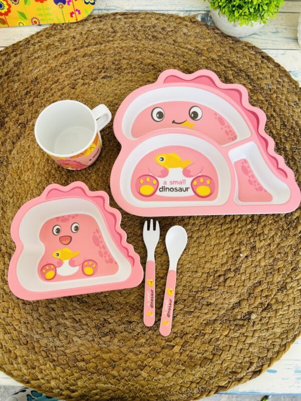 Pink Dino Bamboo Fibre 5 pcs Kids Tableware Set - Image 2