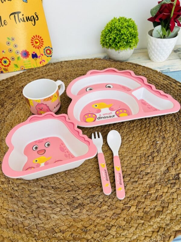 Pink Dino Bamboo Fibre 5 pcs Kids Tableware Set - Image 3