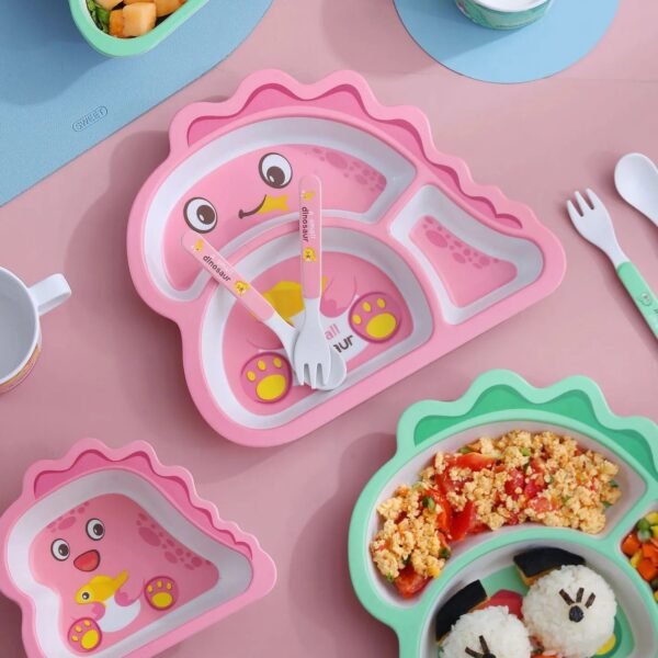 Pink Dino Bamboo Fibre 5 pcs Kids Tableware Set - Image 4