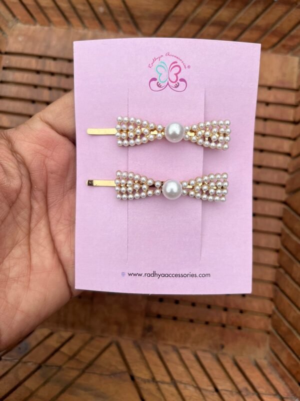 Pearl Bow Hairclip Pair - Image 2