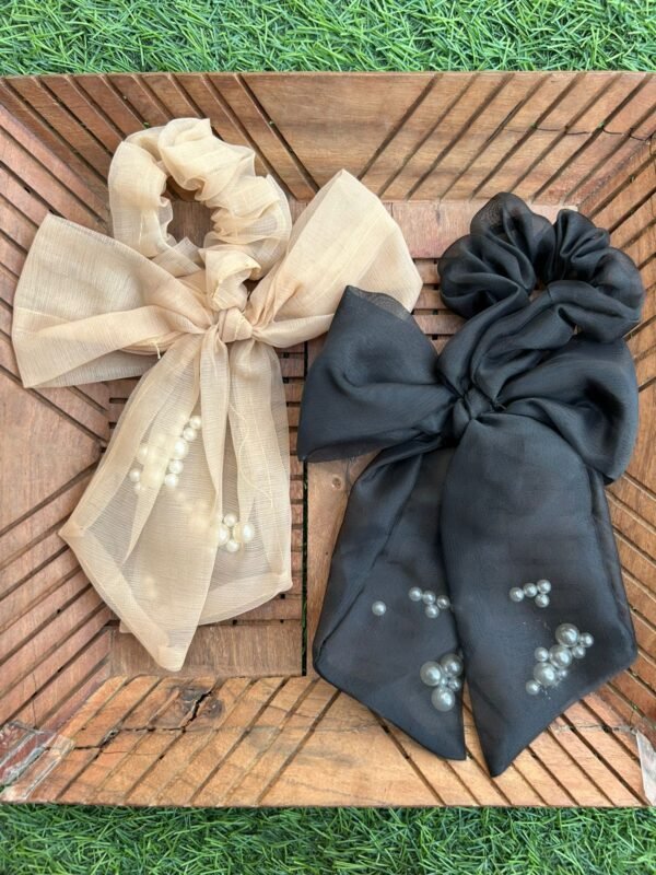 Pearl Organza Bow Tail Scrunchy - Image 3