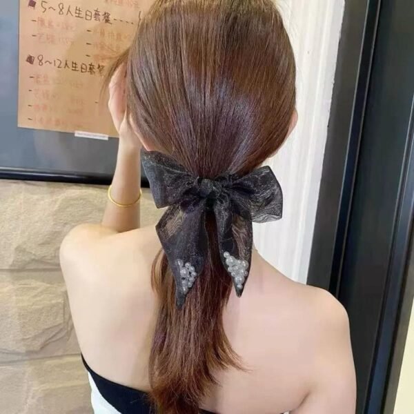 Pearl Organza Bow Tail Scrunchy - Image 5