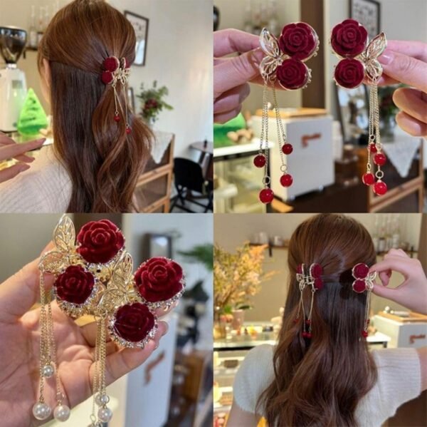 Red Velvet Rose Metal Hair Claw with tassels - Image 9