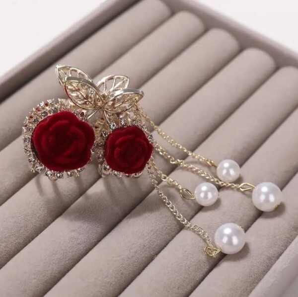 Red Velvet Rose Metal Hair Claw with tassels - Image 7