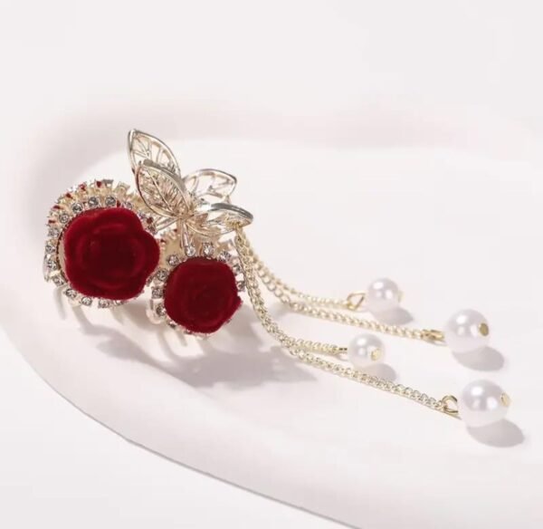 Red Velvet Rose Metal Hair Claw with tassels - Image 8