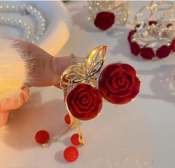 Red Velvet Rose Metal Hair Claw with tassels