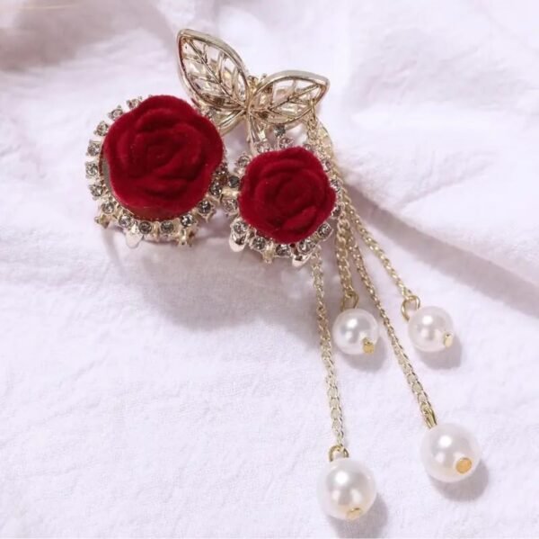 Red Velvet Rose Metal Hair Claw with tassels - Image 5