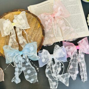 Floral Hair Bow Clip with pearl tassel