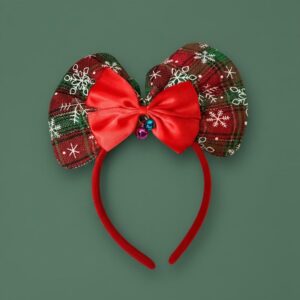 Christmas Plaid Bow Hairband with Bell Ornament
